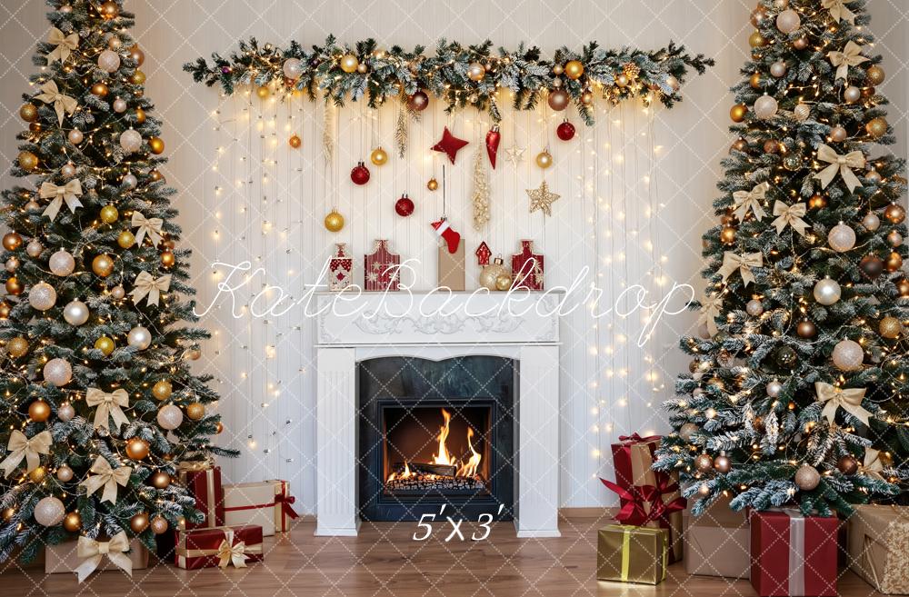 Kate Christmas Fireplace Garland Christmas Trees String Lights Printed Backdrop Designed by Fantasyphotoart