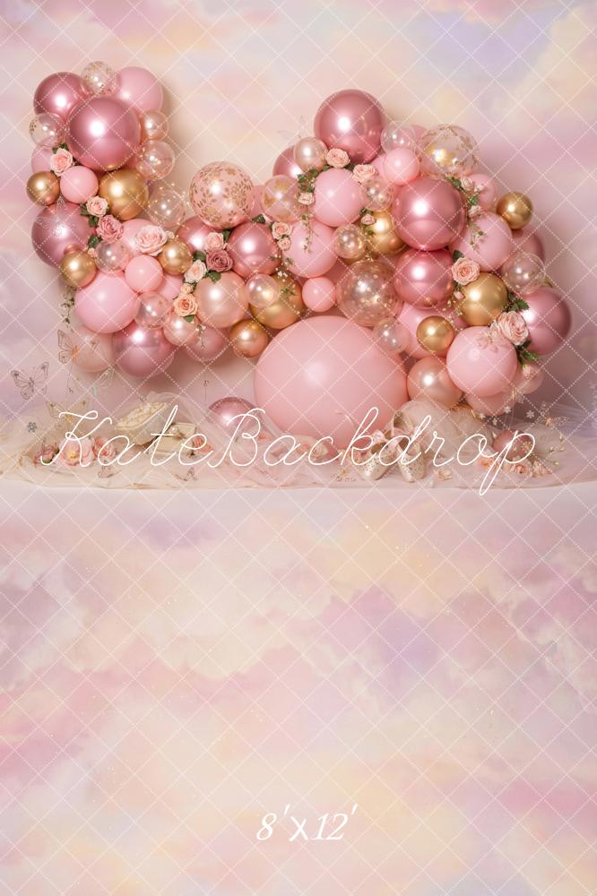 Kate Cake Smash Pink Balloon Garland Roses Pastel Printed Backdrop Designed by Emetselch