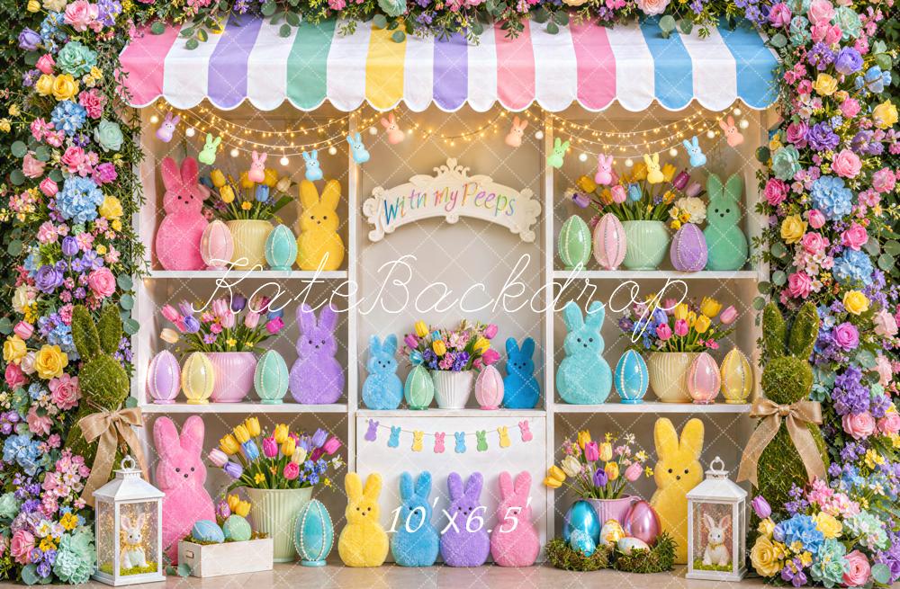 Kate Easter Flower Pastel Bunny Shop Eggs Colorful Printed Backdrop Designed by Mini MakeBelieve