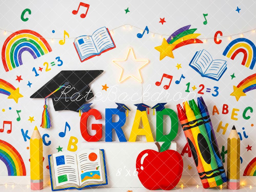 Kate Graduation Rainbow Books Crayons Music Notes Printed Backdrop Designed by Patty Roberts