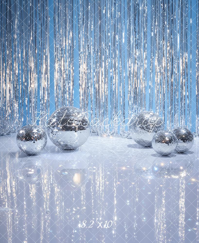 Kate Disco Silver Balls Tinsel Curtain Blue Printed Backdrop Designed by Emetselch