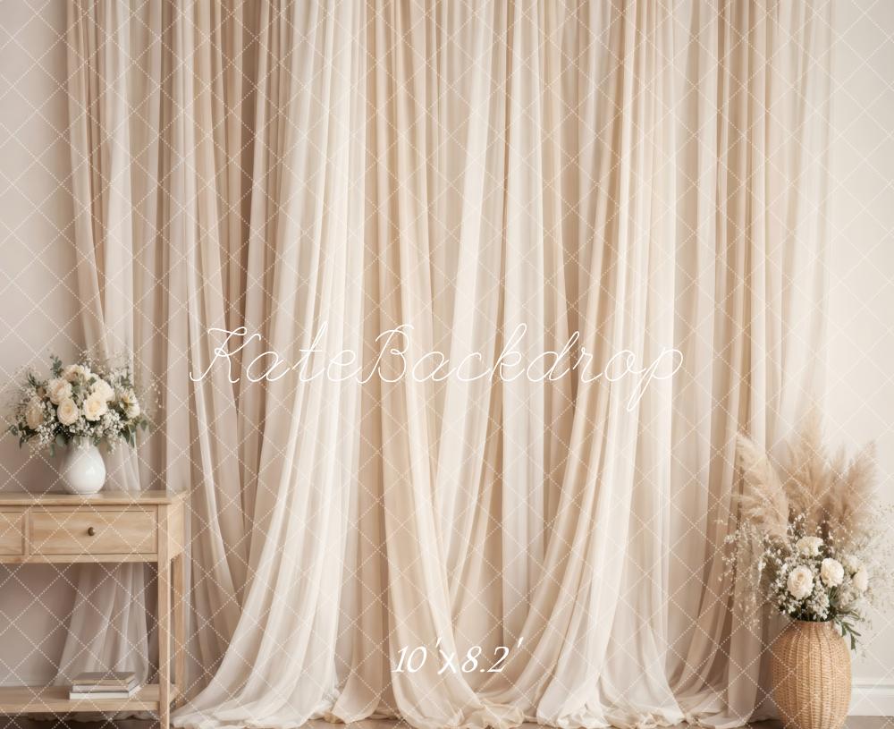 Kate Boho Beige Curtains Table Floral Arrangements Printed Backdrop Designed by Vertigo Productions