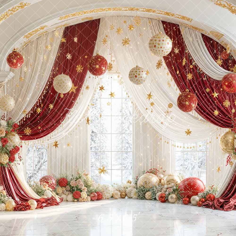 Kate Christmas Arch Red Gold Drapes Ornaments Flowers Backdrop Designed by Emetselch