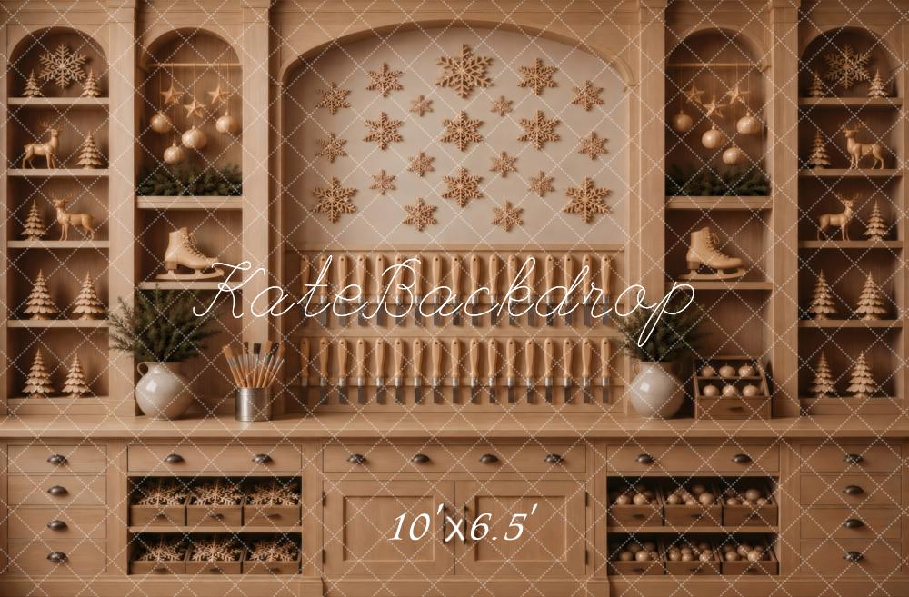 Kate Christmas Brown Cabinet Snowflakes Ornaments Trees Printed Backdrop Designed by Vertigo Productions