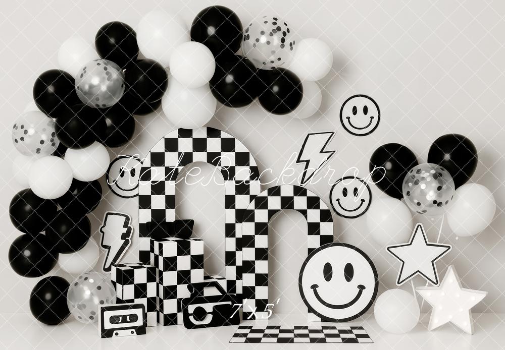 Kate Cake Smash Black White Checkered Arch Balloons Smiley Face Backdrop Designed by Patty Roberts