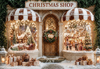Kate Christmas Shop Santa Sleigh Village Christmas Tree Snow Printed Backdrop Designed by Emetselch