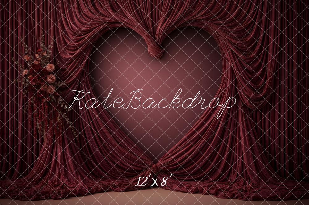 Kate Valentine's Day Burgundy Heart Draped Curtains Floral Printed Backdrop Designed by Ashley Ward