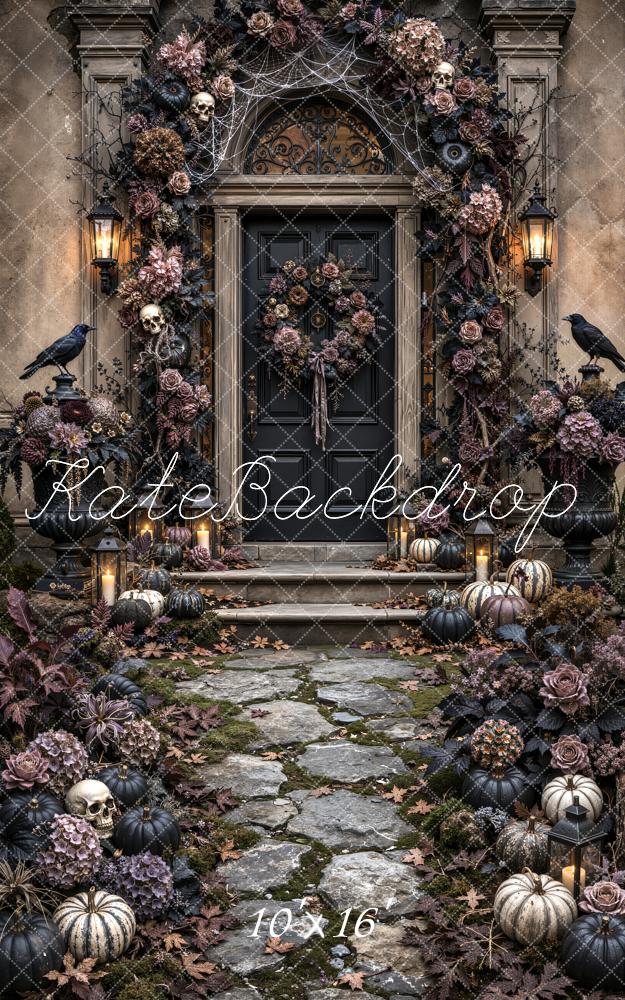 Kate Halloween Gothic Vintage Black Doorway Flower Arch Ravens Pumpkins Printed Backdrop Designed by Emetselch