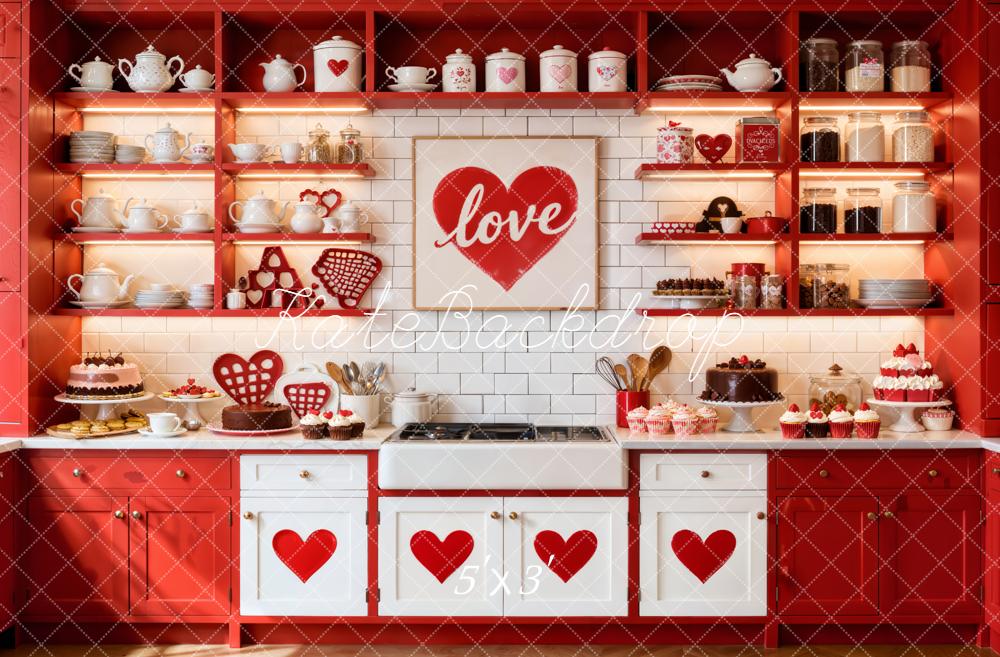 Kate Valentine Red Heart Kitchen Cabinet Shelves Cakes Backdrop Designed by Emetselch
