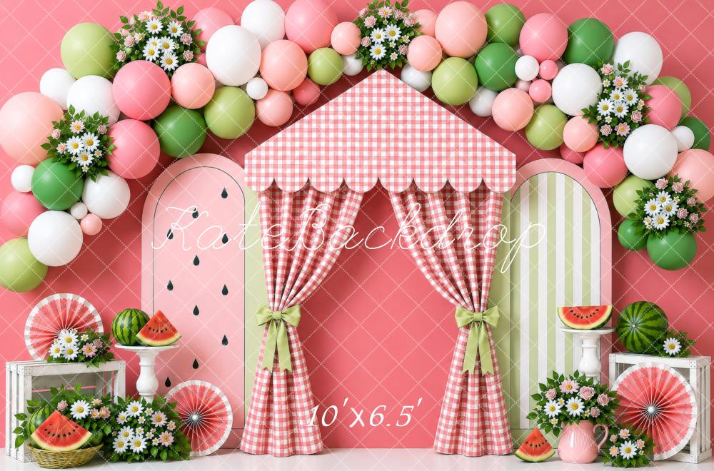 Kate Cake Smash Summer Watermelon Balloon Flowers Gingham Curtain Printed Backdrop Designed by Shutter Swan Studios