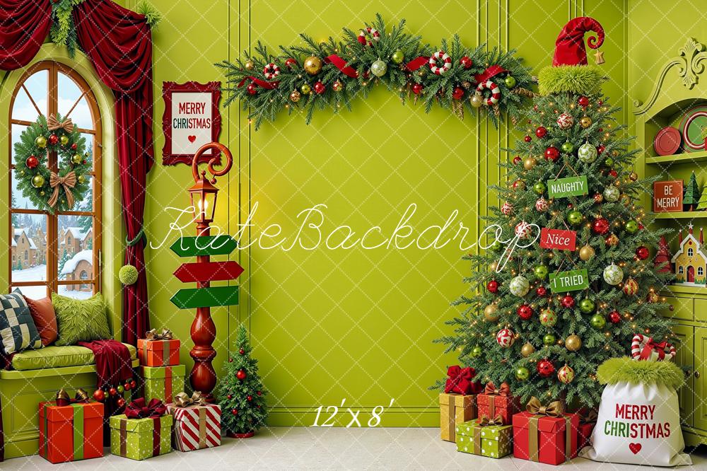 Kate Christmas Elf Green Tree Garland Window Shelf  Printed Backdrop Designed by Shutter Swan Studios