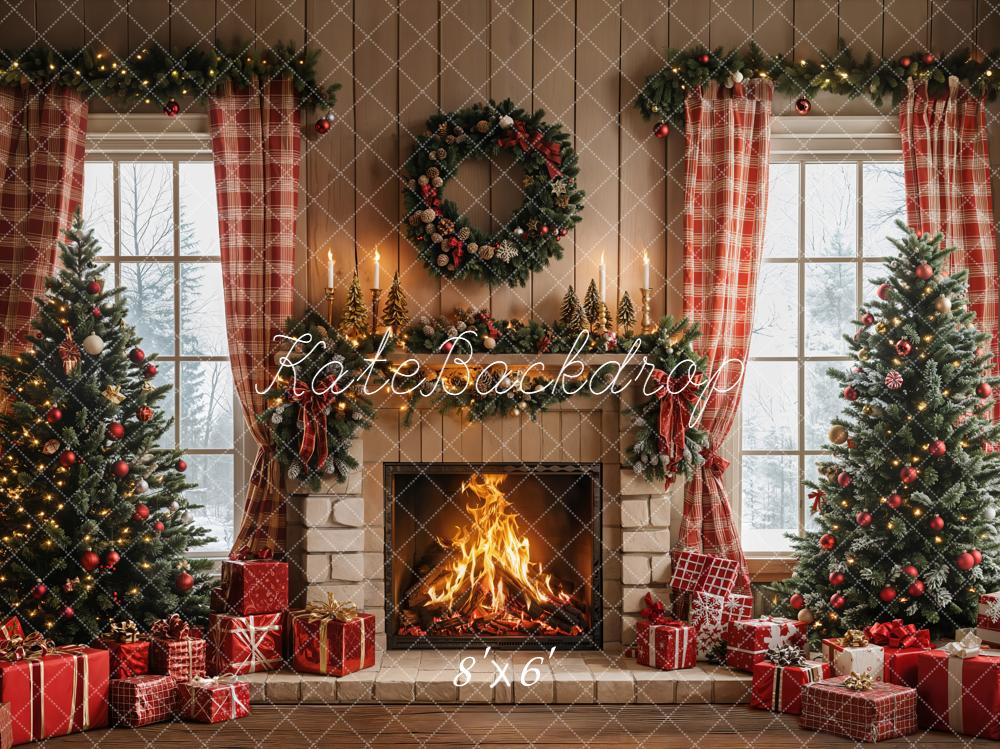 Kate Christmas Tree Fireplace Red Plaid Curtains Gifts Backdrop Designed by Emetselch
