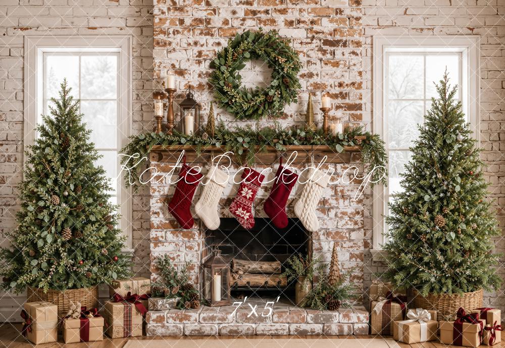 Kate Christmas Distressed Brick Fireplace Christmas Trees Wreath Printed Backdrop Designed by Emetselch