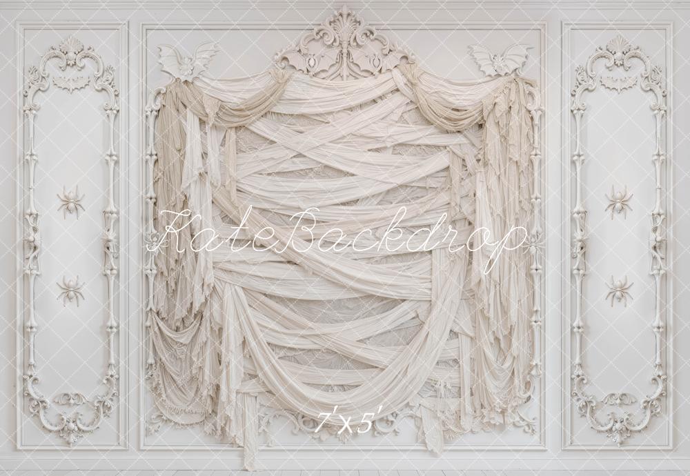 Kate Halloween Mummy Wall White Drapes Printed Backdrop Designed by Mini MakeBelieve