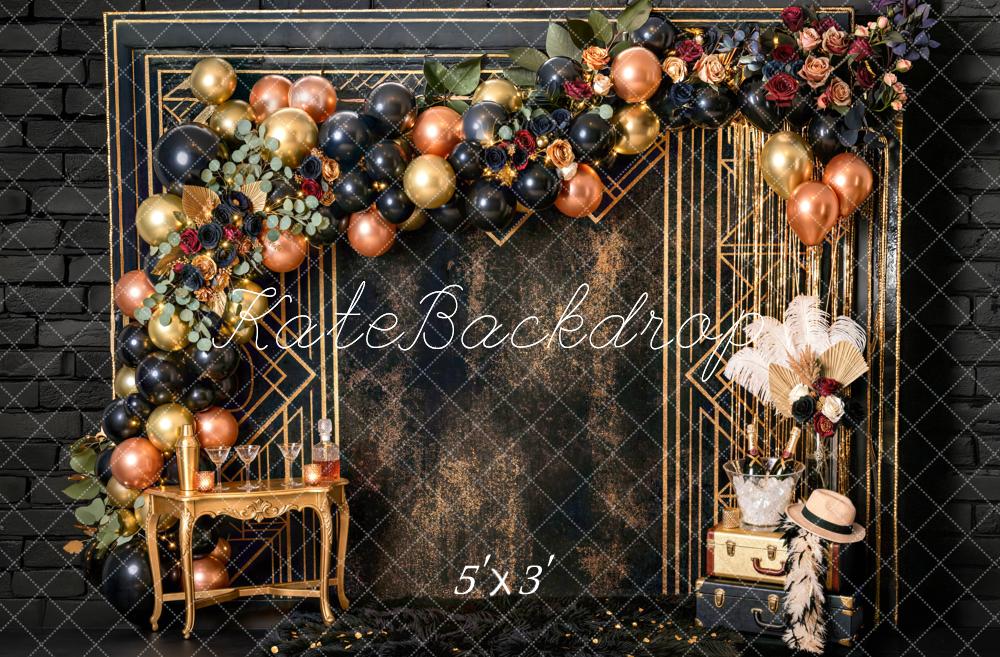 Kate Birthday Black Gold Art Deco Floral Balloon Champagne Garland Printed Backdrop Designed by Mini MakeBelieve
