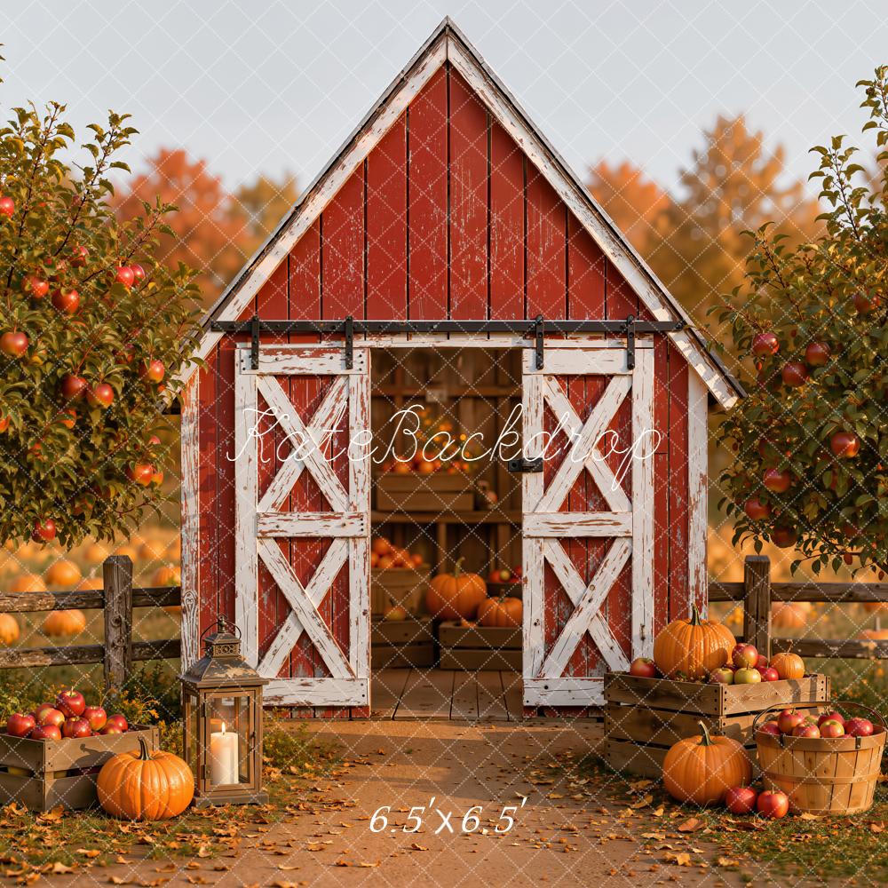 Kate Fall Red Barn Pumpkins Apple Orchard Printed Backdrop Designed by Emetselch