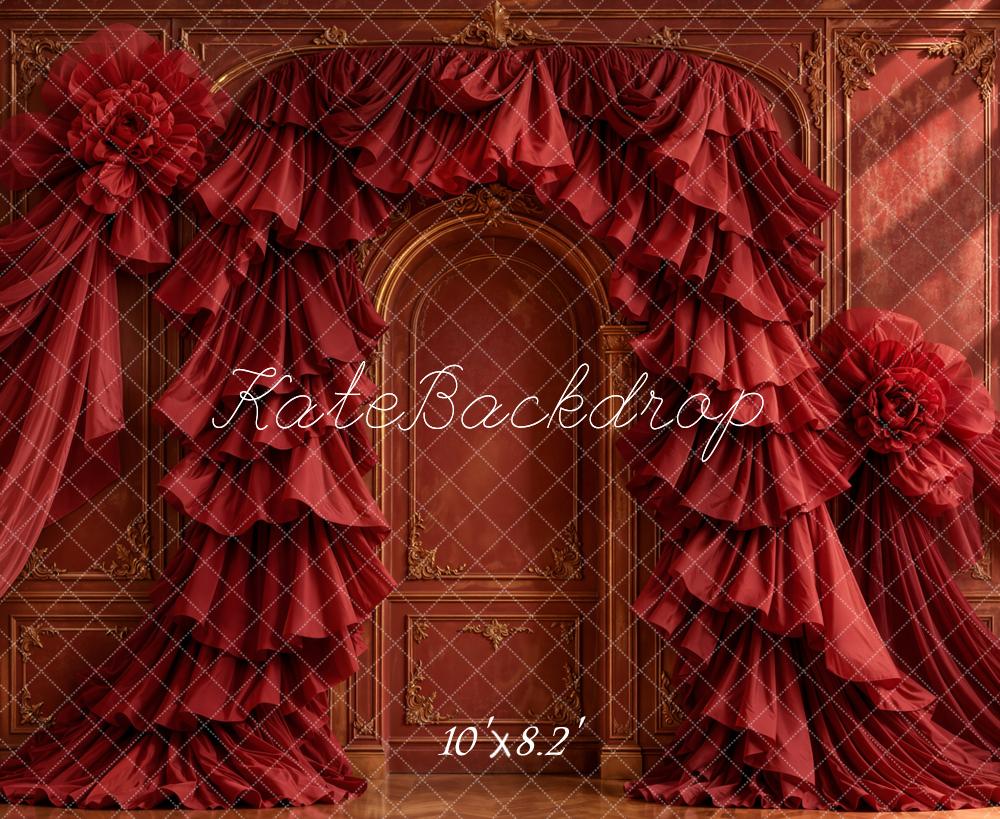 Kate Romantic Red Ruffled Drapery Fabric Rosettes Ornate Retro Wall Printed Backdrop Designed by Emetselch