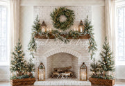 Kate Christmas Fireplace Wreath White Brick Wall Printed Backdrop Designed by Emetselch