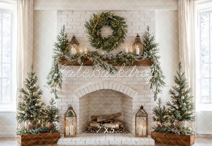 Kate Christmas Fireplace Wreath White Brick Wall Printed Backdrop Designed by Emetselch
