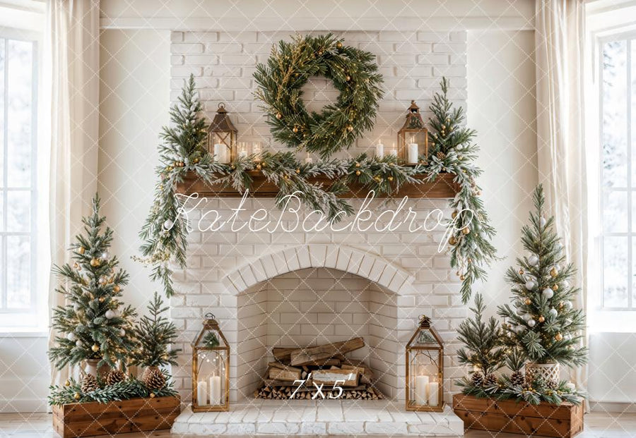 Kate Christmas Fireplace Wreath White Brick Wall Printed Backdrop Designed by Emetselch