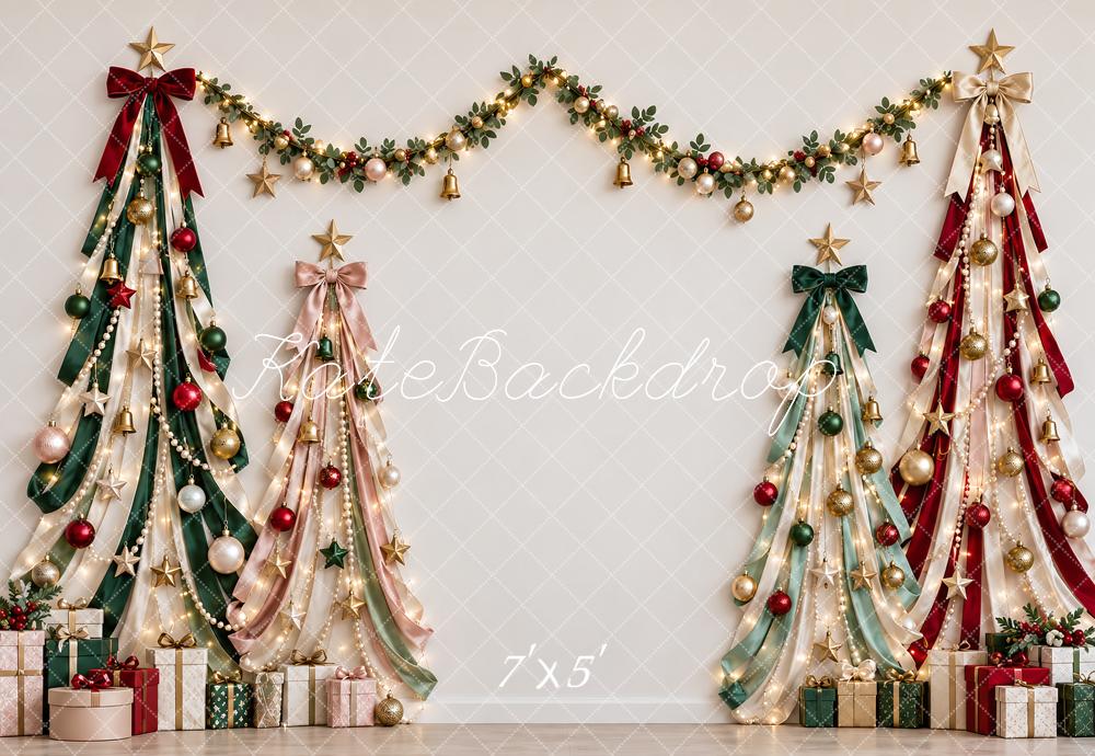 Kate Christmas Ribbon Trees Garland Gifts Lights Printed Backdrop Designed by Vertigo Productions