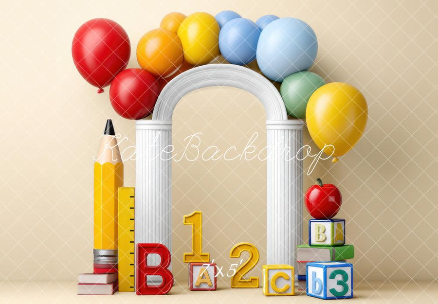 Kate Back to School Balloon Arch Pencil Printed Backdrop Designed by Mini MakeBelieve