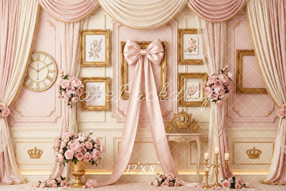 Kate Vintage Pink Bow Curtains Floral Gold Frame Wall Printed Backdrop Designed by Patty Roberts