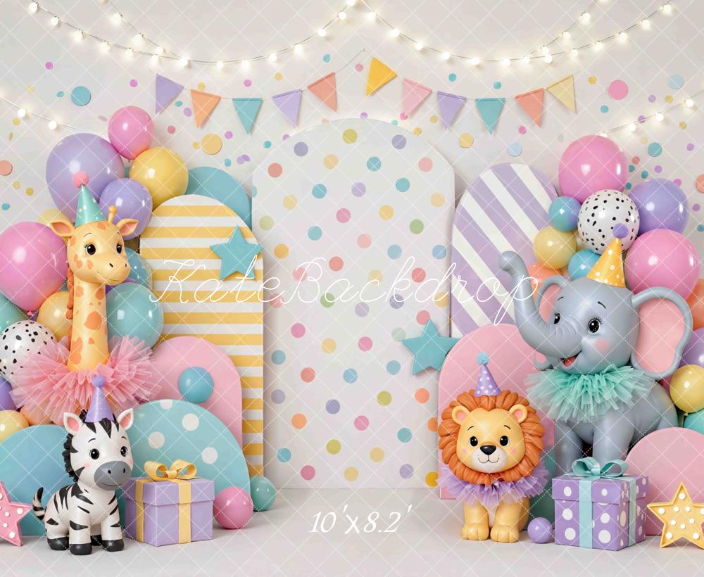 Kate Cake Smash Circus Animal Balloons Stars Pastel Printed Backdrop Designed by Mini MakeBelieve