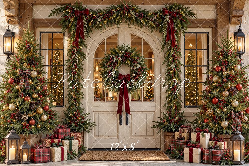 Kate Christmas White Front Door Garland Wreath Trees Printed Backdrop Designed by Shutter Swan Studios