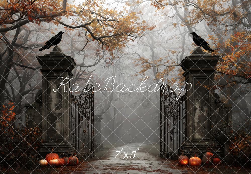 Kate Halloween Fall Iron Gate Pumpkins Misty Forest Backdrop Designed by Patty Roberts