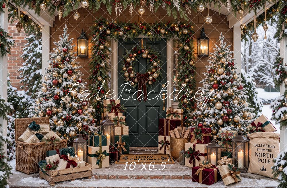 Kate Christmas Snowy Front Porch Trees Wreath Gifts Printed Backdrop Designed by Shutter Swan Studios
