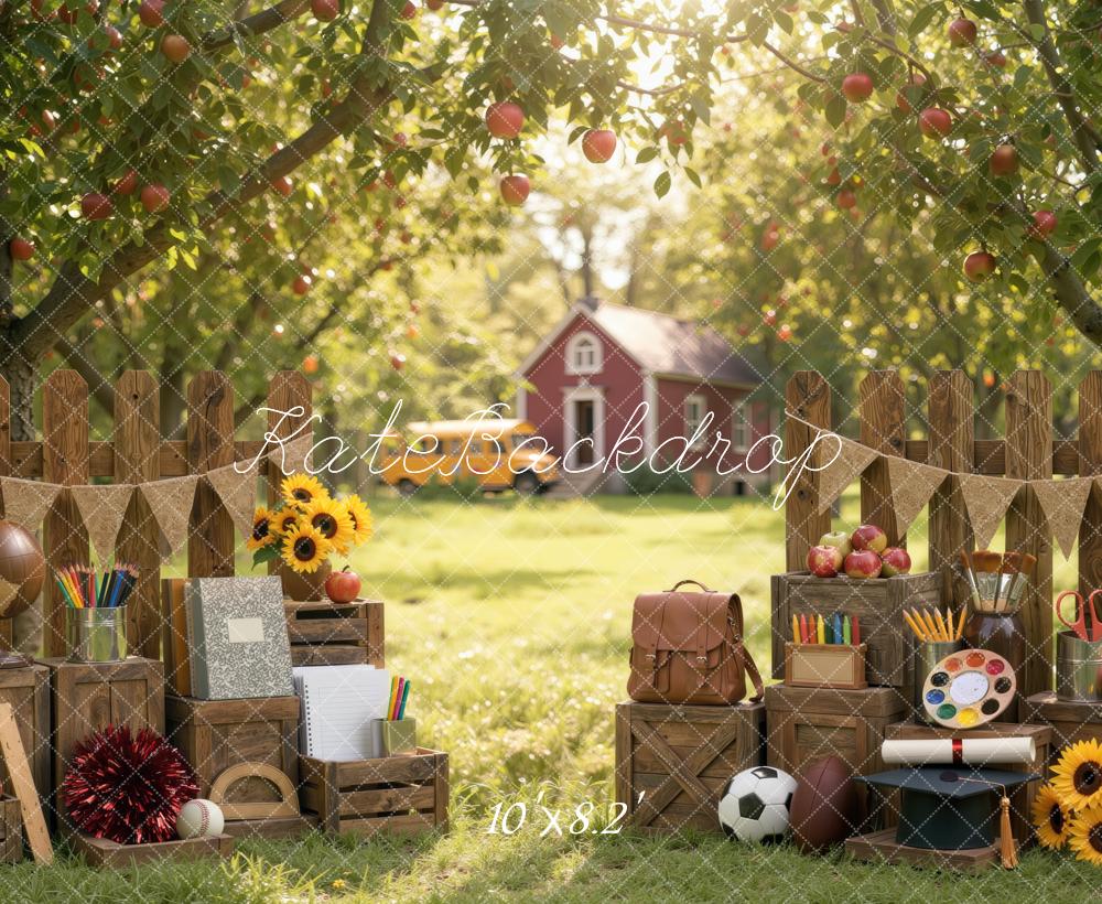Kate Back To School Exterior Brown Fence Apple Orchard Wooden Crates Printed Backdrop Designed by Mini MakeBelieve