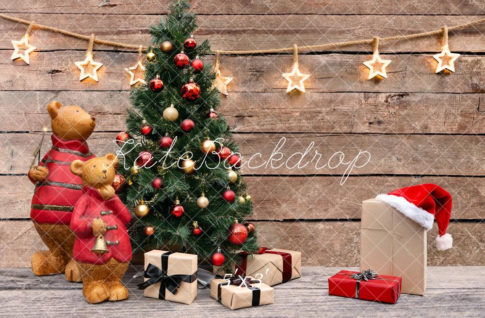 Kate Christmas Tree Bears Presents Rustic Wood Stars Printed Backdrop Designed by Fantasyphotoart