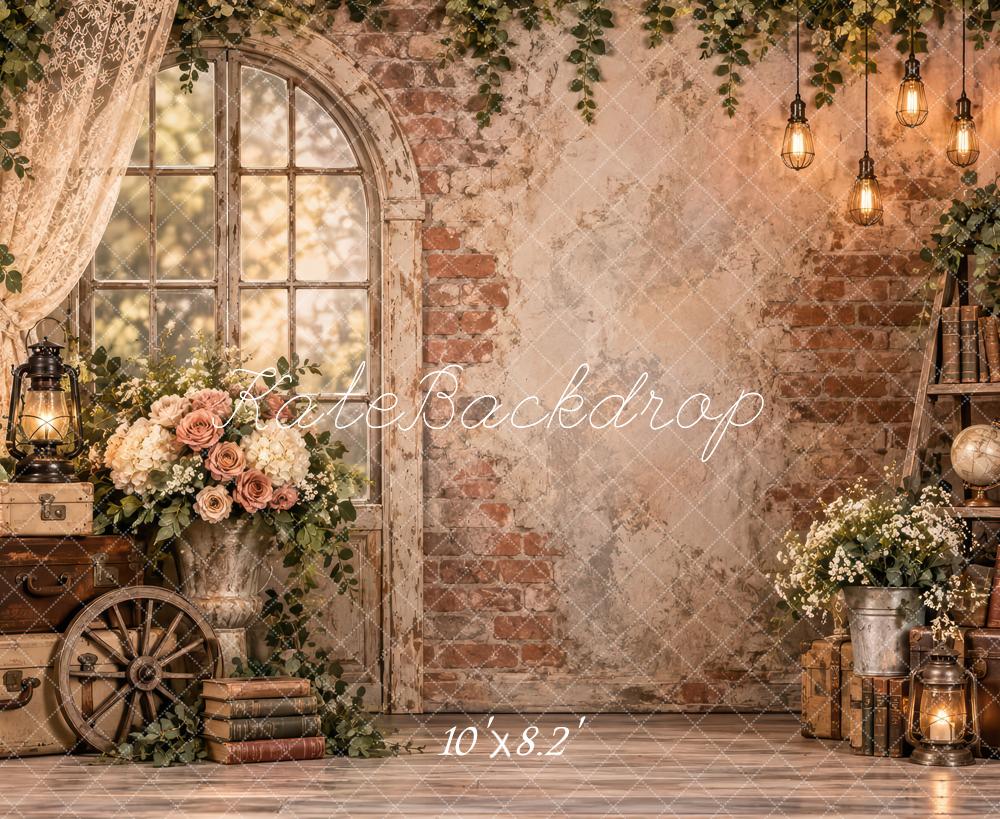 Kate Spring Vintage Brick Wall Arched Window Flowers Lanterns Printed Backdrop Designed by Laura Bybee