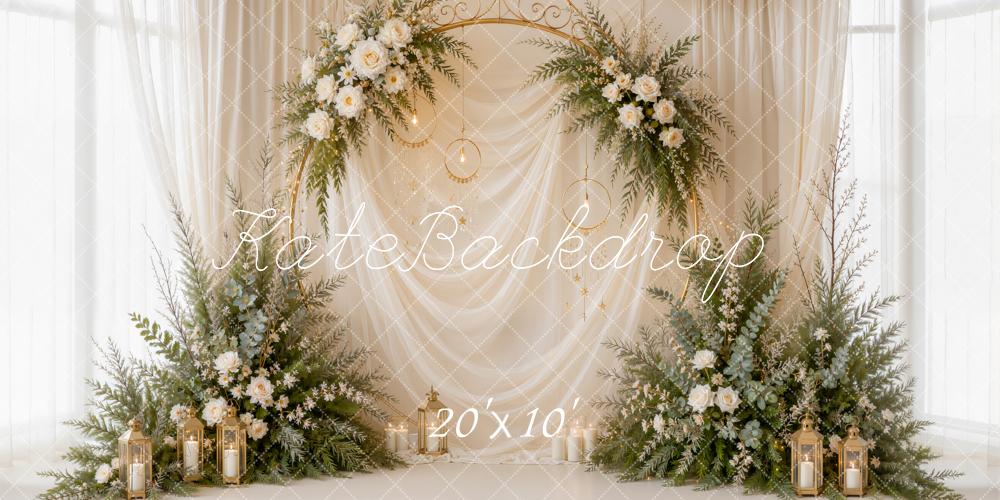 Kate Romantic White Floral Arch Gold Sheer Drapes Printed Backdrop Designed by Emetselch