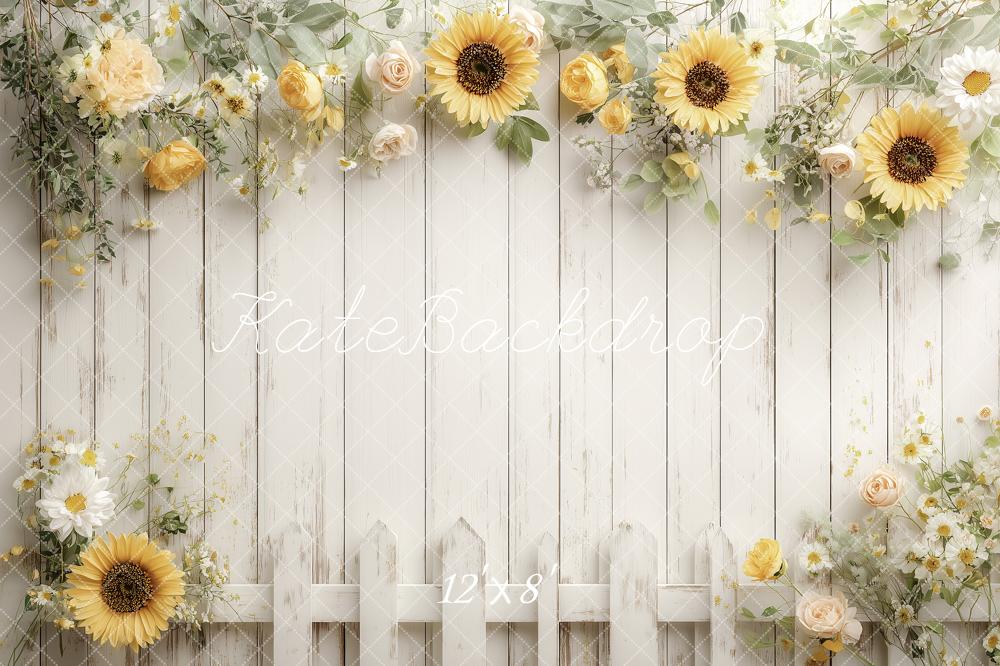 Kate Summer Sunflower Cream Rose White Picket Fence Printed Backdrop Designed by Angela Miller