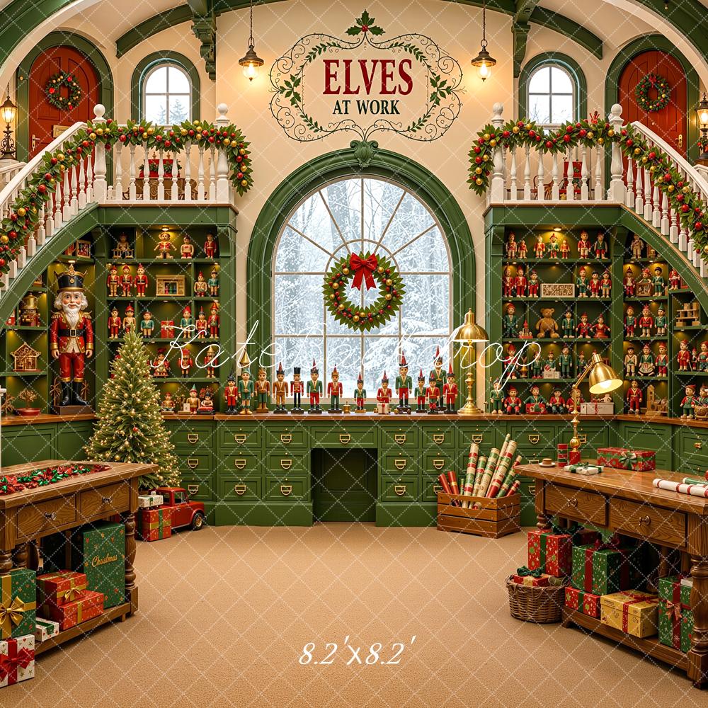 Kate Christmas Green Elves Toy Workshop Staircase Printed Backdrop Designed by Shutter Swan Studios