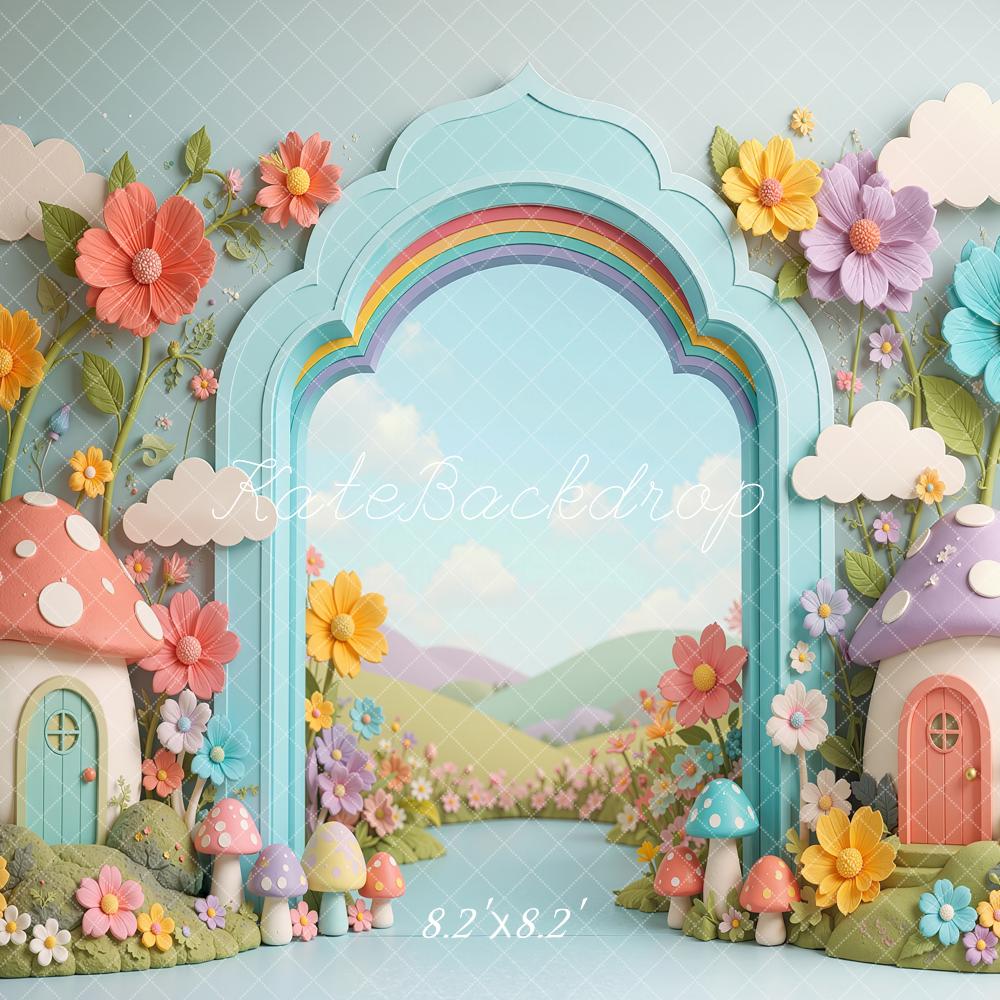 Kate Cake Smash Mushroom Houses Arch Flowers Rainbow Printed Backdrop Designed by Shutter Swan Studios