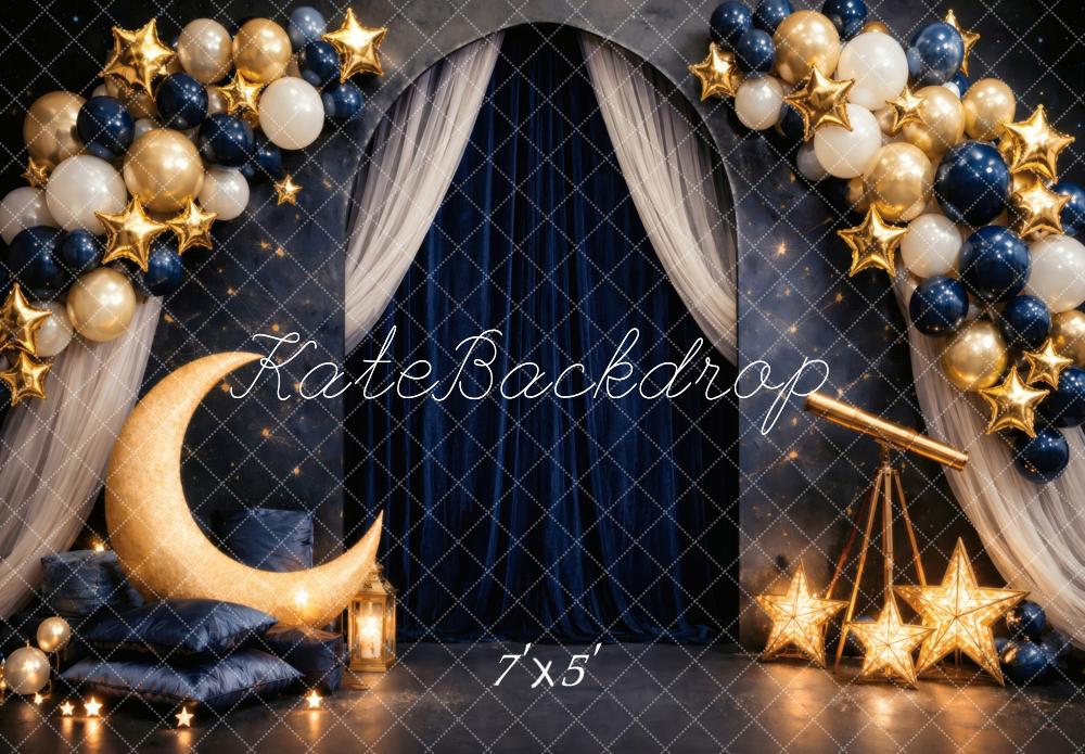 Kate Birthday Moon Stars Balloons Night Sky Curtain Printed Backdrop Designed by Vertigo Productions