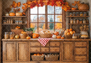 Kate Fall Kitchen Pumpkins Wooden Cabinet Shelves Maple Printed Backdrop Designed by Emetselch