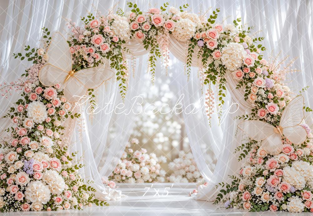 Kate Spring Flower Arch Butterfly White Sheer Drapes Printed Backdrop Designed by Emetselch