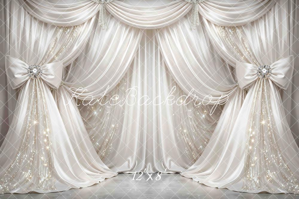 Kate Glamorous White Draped Curtains Bows Sparkle Printed Backdrop Designed by Mini MakeBelieve