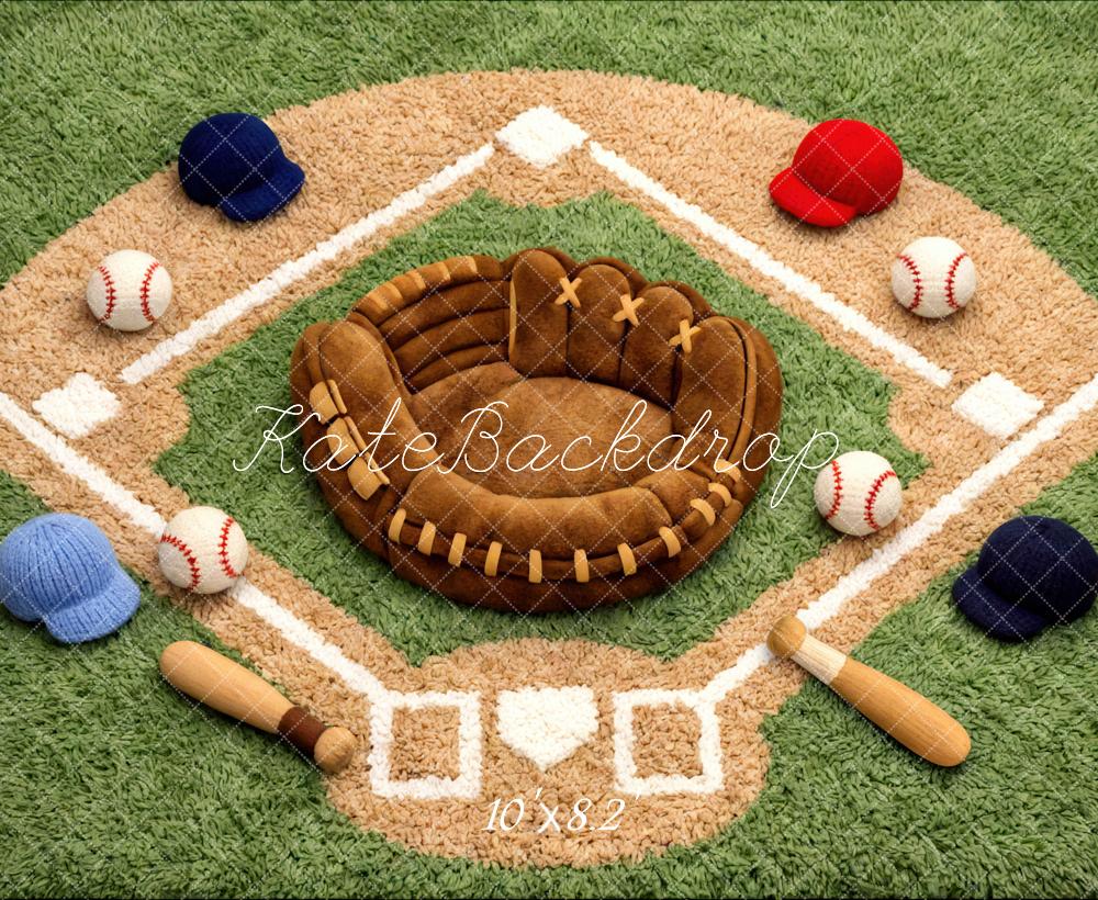 Kate Newborn Baseball Field Glove Bat Ball Cap Printed Backdrop Designed by Mini MakeBelieve