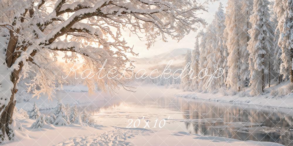 Kate Winter Snowy Forest Lake Sunrise Printed Backdrop Designed by Emetselch