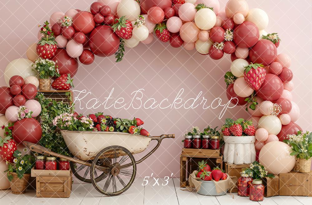 Kate Summer Strawberry Balloon Arch Wheelbarrow Crates Printed Backdrop Designed by Emetselch