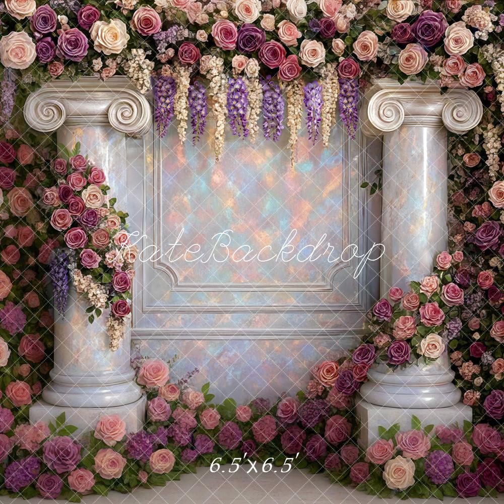 Kate Valentines Flower Wall Opal Columns Roses Backdrop Designed by Mini MakeBelieve