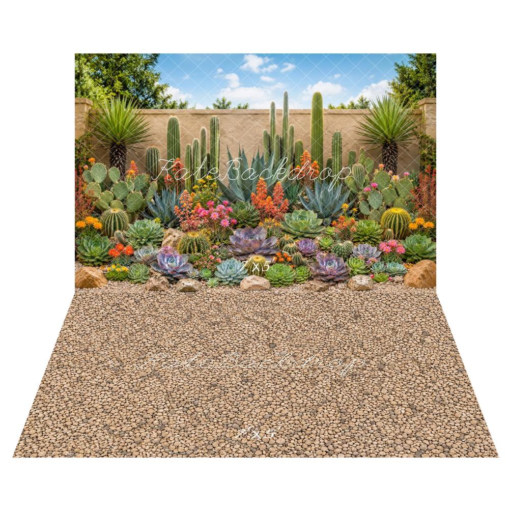 Kate Outdoor Cactus Succulent Garden Stone Printed Backdrop+Brown Pebble Floor Printed Backdrop