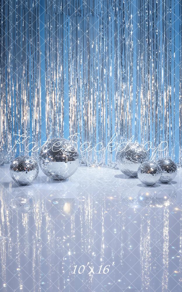 Kate Disco Silver Balls Tinsel Curtain Blue Printed Backdrop Designed by Emetselch