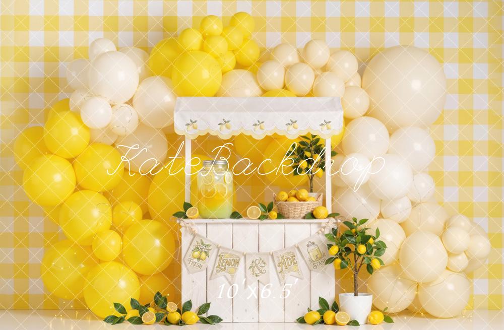 Kate Lemonade Stand Yellow Balloons Gingham Lemon Decor Printed Backdrop Designed by Emetselch