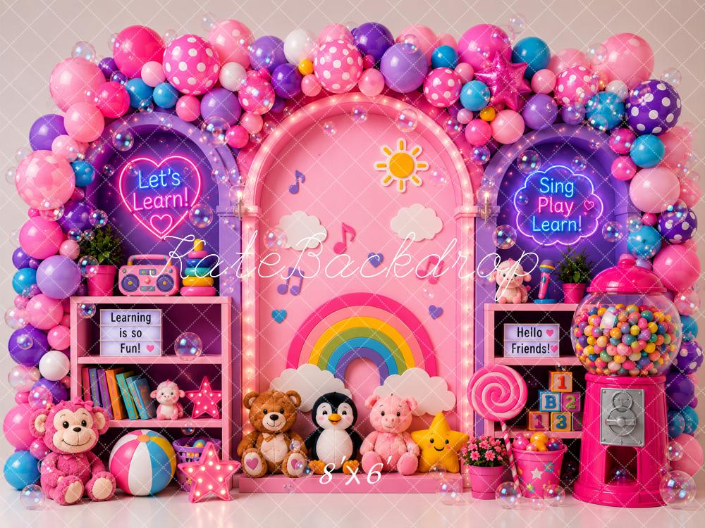 Kate Cake Smash Pink Learning Playroom Balloon Arch Rainbow Printed Backdrop Designed by Ashley Paul